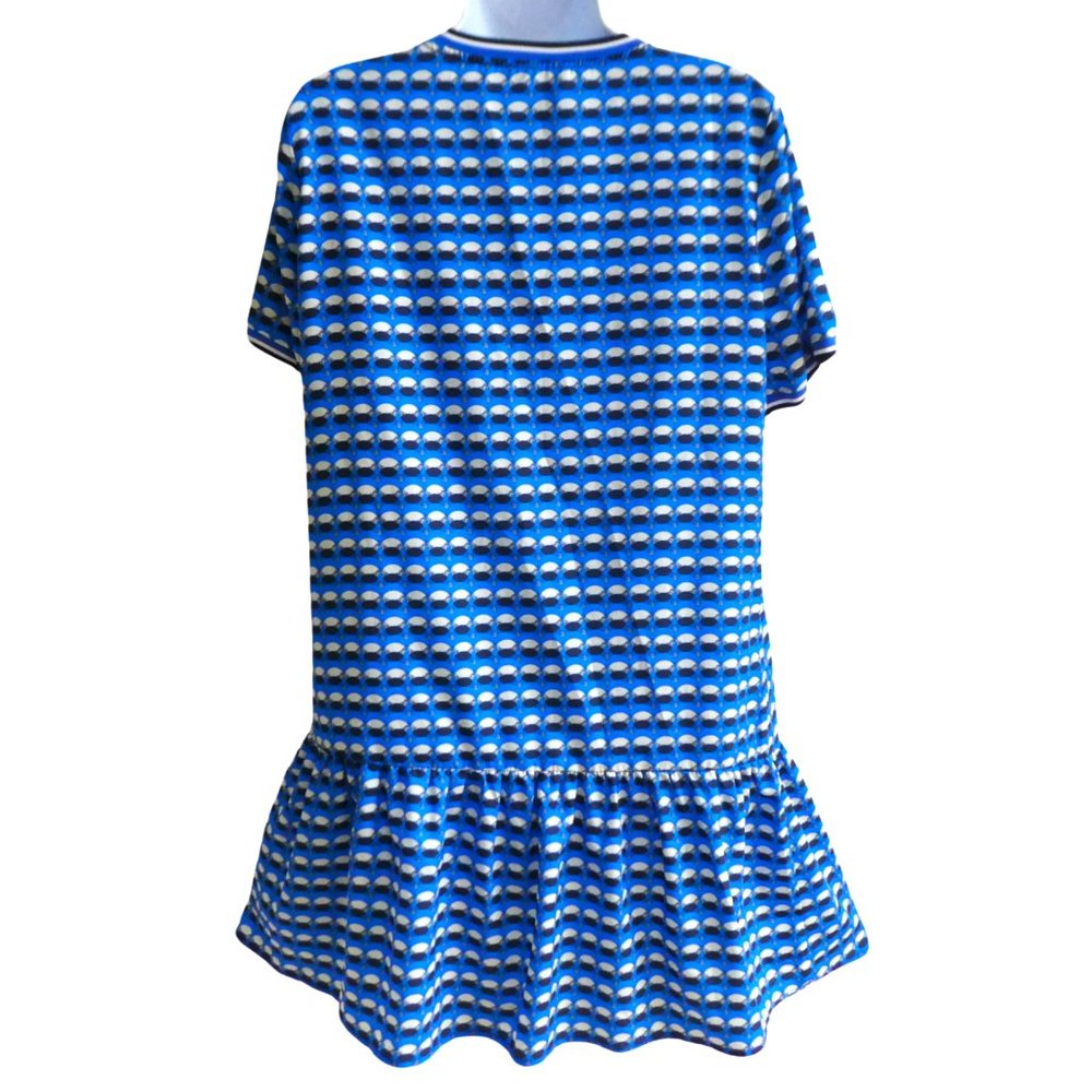 Dior SiLK Blue Printed Dress Knit Crewneck Cuffs Ruffle Hem Sporty Stretch Italy - Picture 2 of 7